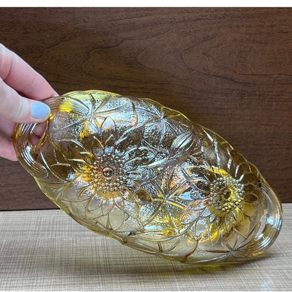 Vtg Retro Sunflower Floral Amber Lustre Glass Candy Dish Relish Condiment - Picture 1 of 10